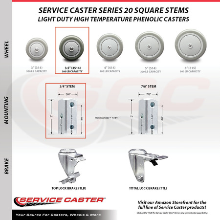 Service Caster 3.5 Inch Gray Poly Swivel 3/4 Inch Square Stem Caster Total Lock Brakes, 2PK SCC-SQTTL20S3514-PPUB-GRY-34-2-S-2